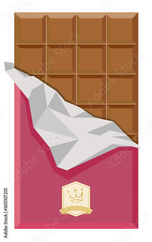 Milk chocolate bar, half unwrapped to reveal the chocolate squares, with a golden emblem featuring a hand-drawn crown on the wrapper. The design conveys a sense of premium quality and indulgence.