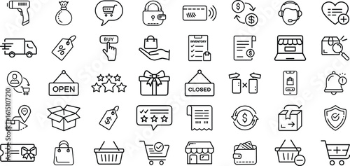 Collection of hand drawn e commerce and shopping icons on white background