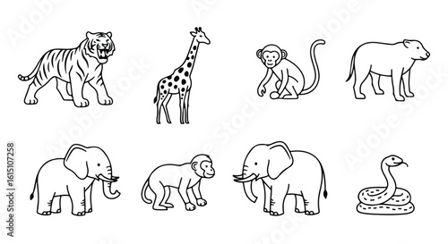 Vector silhouette illustration a charming illustration featuring a giraffe, two monkeys, and an elephant in outline style