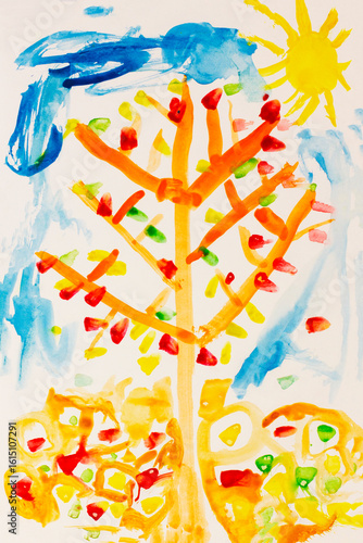 Yellow-red leaves on a tree in autumn. Real drawing of a small child. Drawing by pencil.
