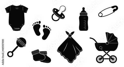 Vector silhouette illustration a set of babyrelated icons including footprints, a pacifier, bottle, blanket, and booties