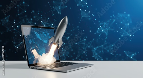 Digital Transformation Accelerates Business Growth With a Rocket Launching from a Laptop Screen Against a Futuristic Network Background