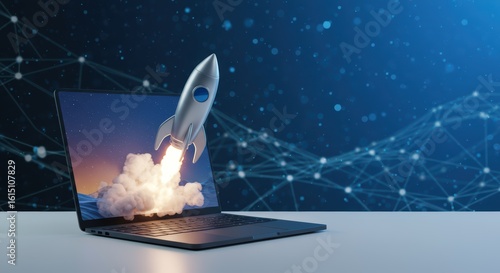 Digital Transformation Rocket Launching from Laptop Symbolizing Rapid Business Growth and Innovation
