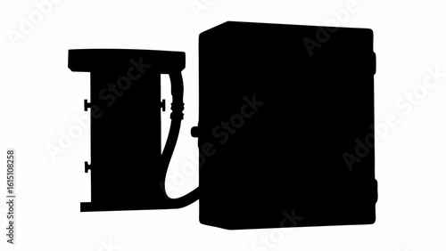 Silhouette of a gas pump with a hose connecting the pump to a rectangular fuel dispenser unit