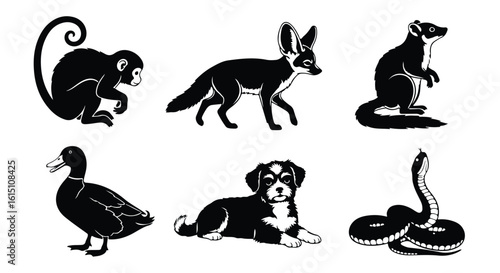 Vector silhouette illustration a charming collection of animal illustrations featuring a fennec fox and a puppy