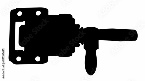 Silhouette illustration of a mechanical device with a handle and mounting bracket in solid black color