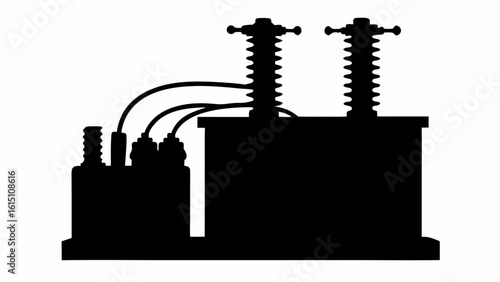 Silhouette of electrical transformer with two high voltage bushings and three cable connections shown