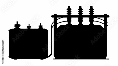 Silhouette of two electrical transformers with insulators and connecting wires shown in black and white