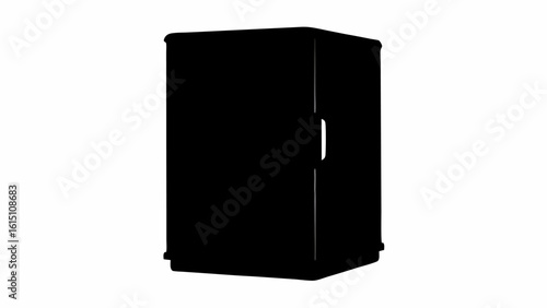 A stark image depicting a black rectangular object with a handle against a white background space area silhouette