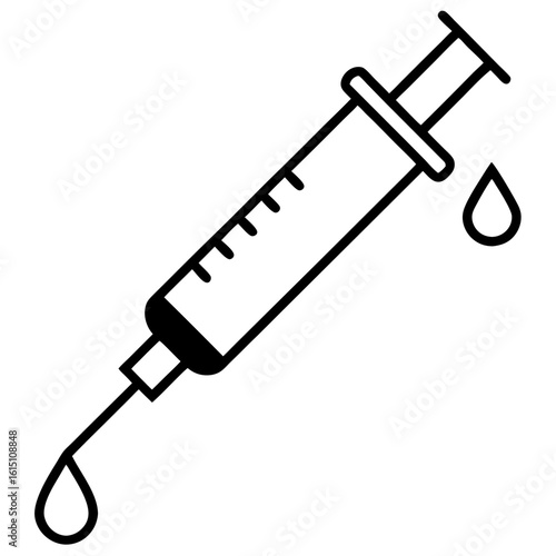 Clean Line Vector Illustration of a Syringe with Liquid Drops, Essential Medical Tool Graphic
