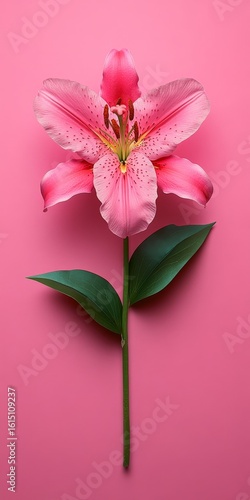 Elegant Floral Delight Beautiful Pink Lily with Green Foliage on a Vibrant Pink Background.