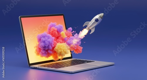 Digital Transformation Launching Innovative Ideas and Creative Cloud Solutions from a Laptop Screen