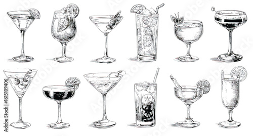 Elegant Hand Drawn Cocktail Illustrations for Bar Menu and Party Invitations Featuring Martini Highball and Coupe Glasses