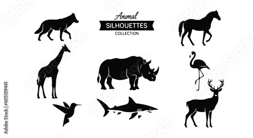 Vector silhouette illustration silhouettes of a rhinoceros and a shark, representing land and sea wildlife