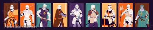 Cards with medieval knights set. Designs of backs with ancient warriors. Templates with crusaders with armor, helmets, swords, shields. Old soldiers of historical army. Flat vector illustrations