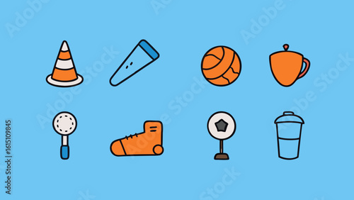 Colorful flat line vector icon set of sports equipment and objects