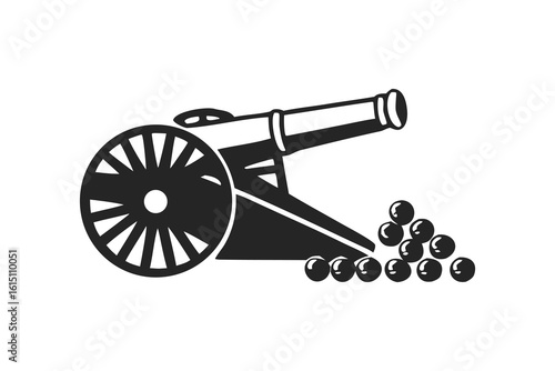 Historical cannon with cannonballs depicted as a black silhouette isolated on white background