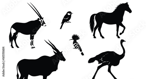 Vector silhouette illustration silhouettes of african animals including a bird, antelope, and hyena in a natural setting