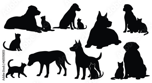 Vector silhouette illustration silhouettes of dogs and cats together, representing companionship and domestic life