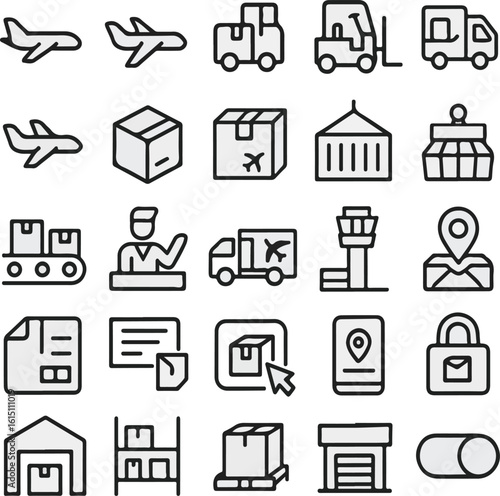 Logistics and shipping icon set representing global supply chain management isolated on a solid white background for web interfaces.