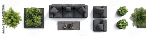 Top-down view of gray furniture and potted plants