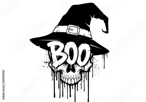 Vector art of a skull wearing a witch hat with the word boo