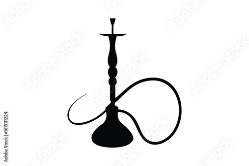 Black silhouette of a traditional shisha pipe with a long hose isolated on white background silhouette