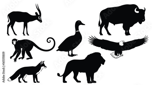 Vector silhouette illustration a diverse array of animal silhouettes, including a duck, eagle, lion, and elephant, representing various species