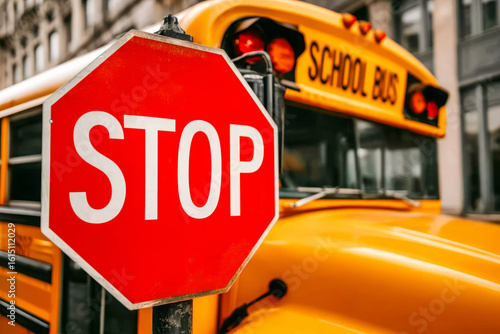 School bus safety feature highlighted with red stop sign, photographed in the city. Back to school concept.