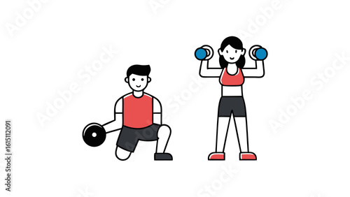 Vector illustration of a fitness couple exercising with dumbbells and weights.