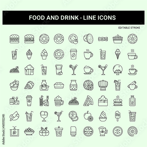Collection of black line art icons for food and drinks on a light green background vector