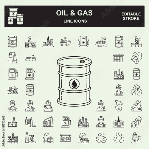 Oil and gas industry line icons featuring barrels drilling rigs and factories oil barrel gas station