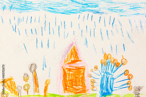 Village house in the rain. Real drawing of a small child. Drawing by pencil.