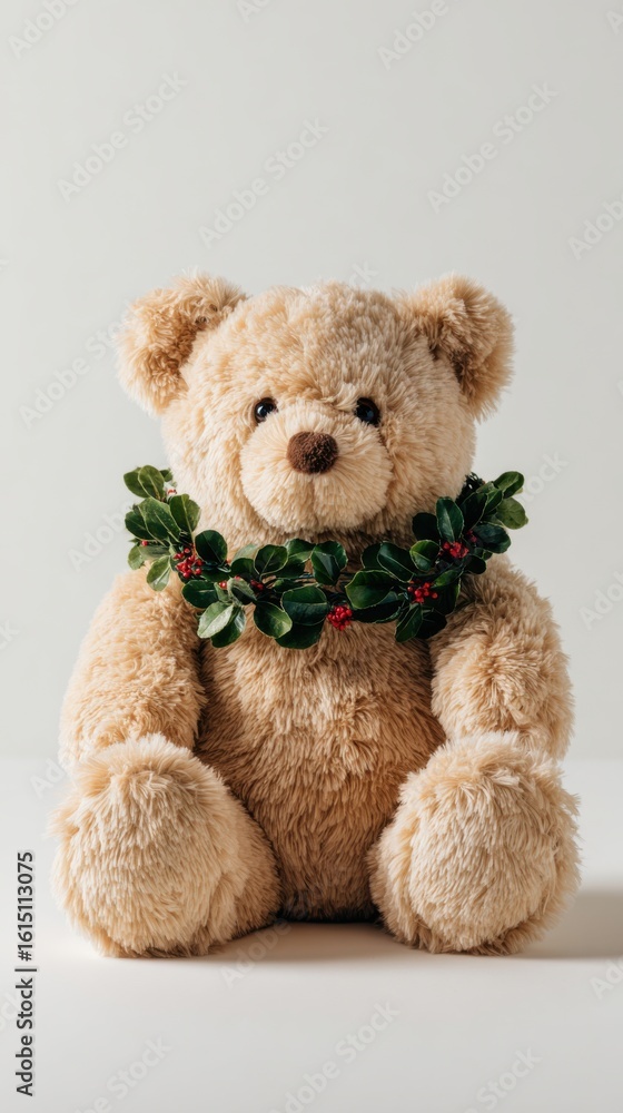 Obraz premium Plush teddy bear with Christmas greenery wreath around neck sitting against a neutral background, perfect for winter holiday cards, children’s illustrations, and cozy seasonal decor