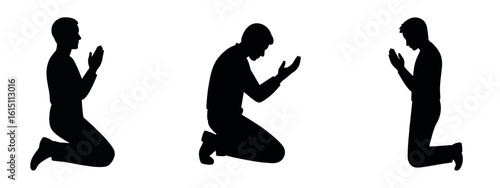 Prayerful Pose Sequence: Silhouette depictions of a figure in serene prayer, captured from multiple angles. 
