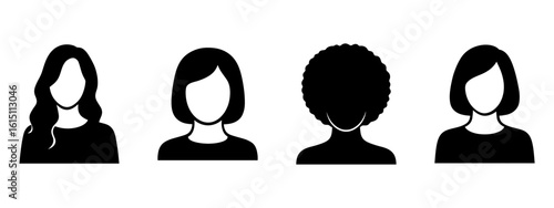 Diverse female silhouettes: a collection of black and white silhouettes showcasing a variety of female figures, representing diversity, equality, and inclusion. 