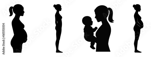 Silhouette of Women's life: A depiction in silhouette of the journey through motherhood, highlighting the phases of conception to postpartum, celebrating life's precious phases.