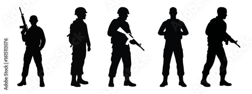 Shadows of Valor: Silhouettes of soldiers stand tall in a moment of unity, weapons at the ready, each a testament to courage and discipline. They stand prepared for duty and protection. 