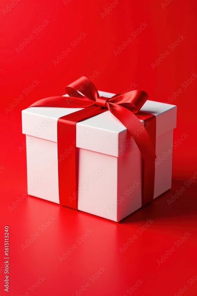 Empty white gift box, red ribbon, red background Perfect for holiday mockups , marketing, holiday, space Empty white gift box, red ribbon, red background Perfect for holiday mockups , marketing, holiday, space