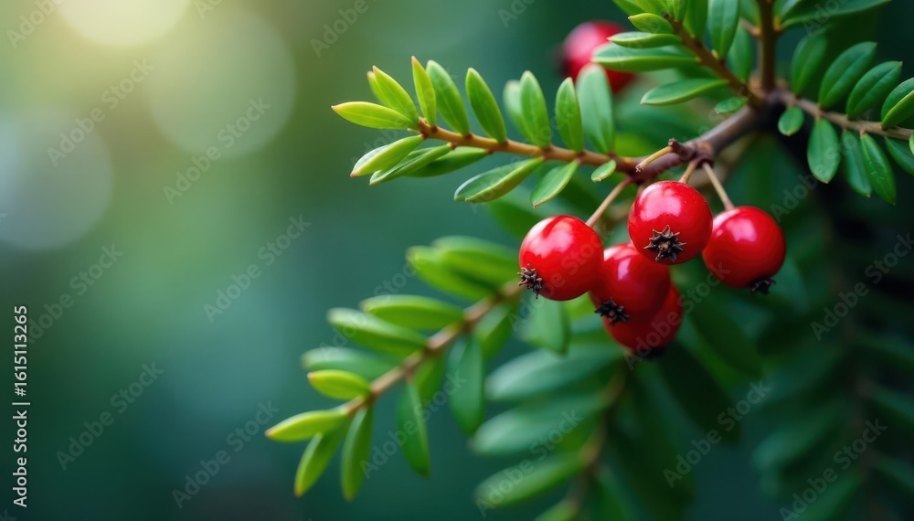 Obraz premium Evergreen branch laden with bright red berries , closeup, branch, macro