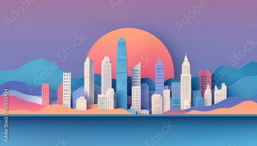 Papercut cityscape at sunset, showcasing modern skyscrapers with layered, colorful gradients and a pastel aesthetic