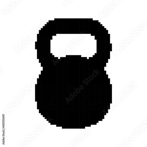 Kettlebell templates in pixel art style. Black solid fitness equipment. Gym, sport, labels. Isolated on white background.