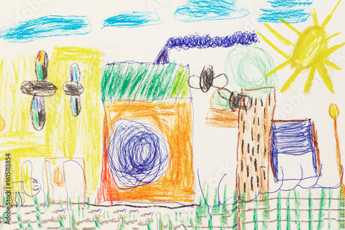 Houses and big insects. Real drawing of a small child. Drawing by pencil.