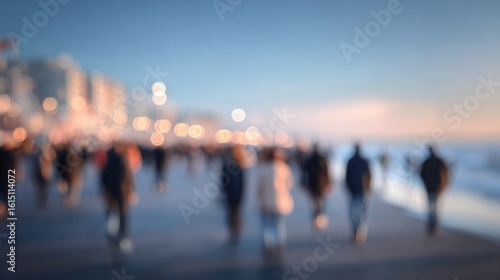 Blurred Background of Beach Boardwalk with People and Lights at Sunset for Website and Corporate Presentation Use