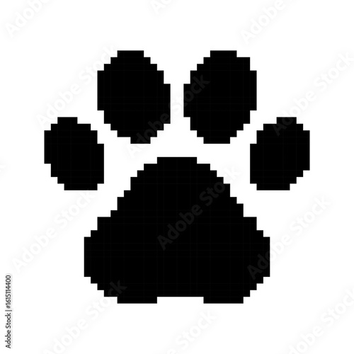 Paw Print templates in pixel art style. Black solid animal track. Pet, dog, cat, labels. Isolated on white background.