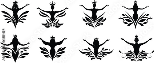 Set of crowned woman silhouettes with abstract natural swirls. Queen, goddess, or beauty pageant winner logo and icon collection.
