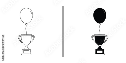 Contrasting Visions: A monochrome illustration of two trophies, each tethered to a floating balloon, representing opposing ideas, a duality of light and shadow, success and failure.