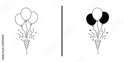 Celebration Crackers with Balloons: A minimalist illustration featuring two sets of party crackers, each erupting with confetti and supporting a cluster of balloons. Representing festive cheer