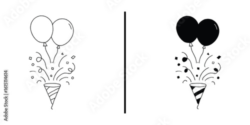 Celebration's Dualism: A split view of two balloon-borne party poppers, one offering stark lines and the other shadows, both in monochromatic revelry. 