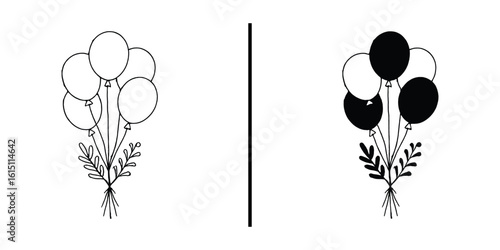 Balloons Bouquet in Two Styles: A split composition displays a bouquet of balloons, offering a duality of presentation in a minimalist, illustrative style, suitable for various design contexts.